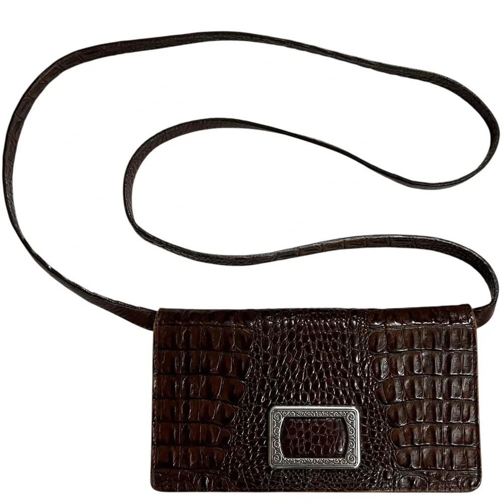 Brighton Brown Croc Embossed Leather Crossbody Shoulder Bag Silver‎ Hardware